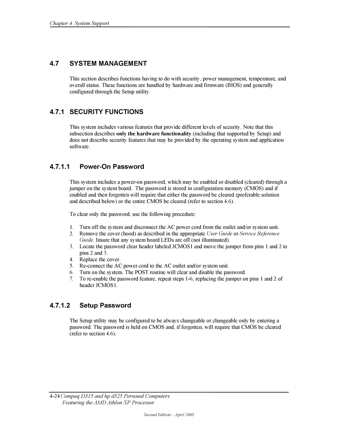 HP D315 manual System Management, Security Functions, Power-On Password, Setup Password 