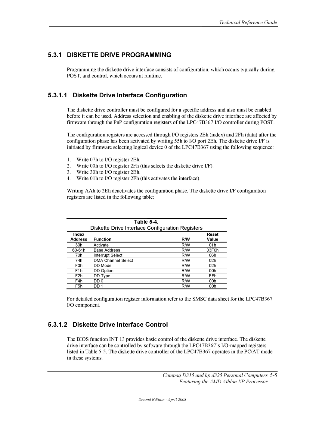 HP D315 Diskette Drive Programming, Diskette Drive Interface Configuration, Diskette Drive Interface Control, Index Reset 