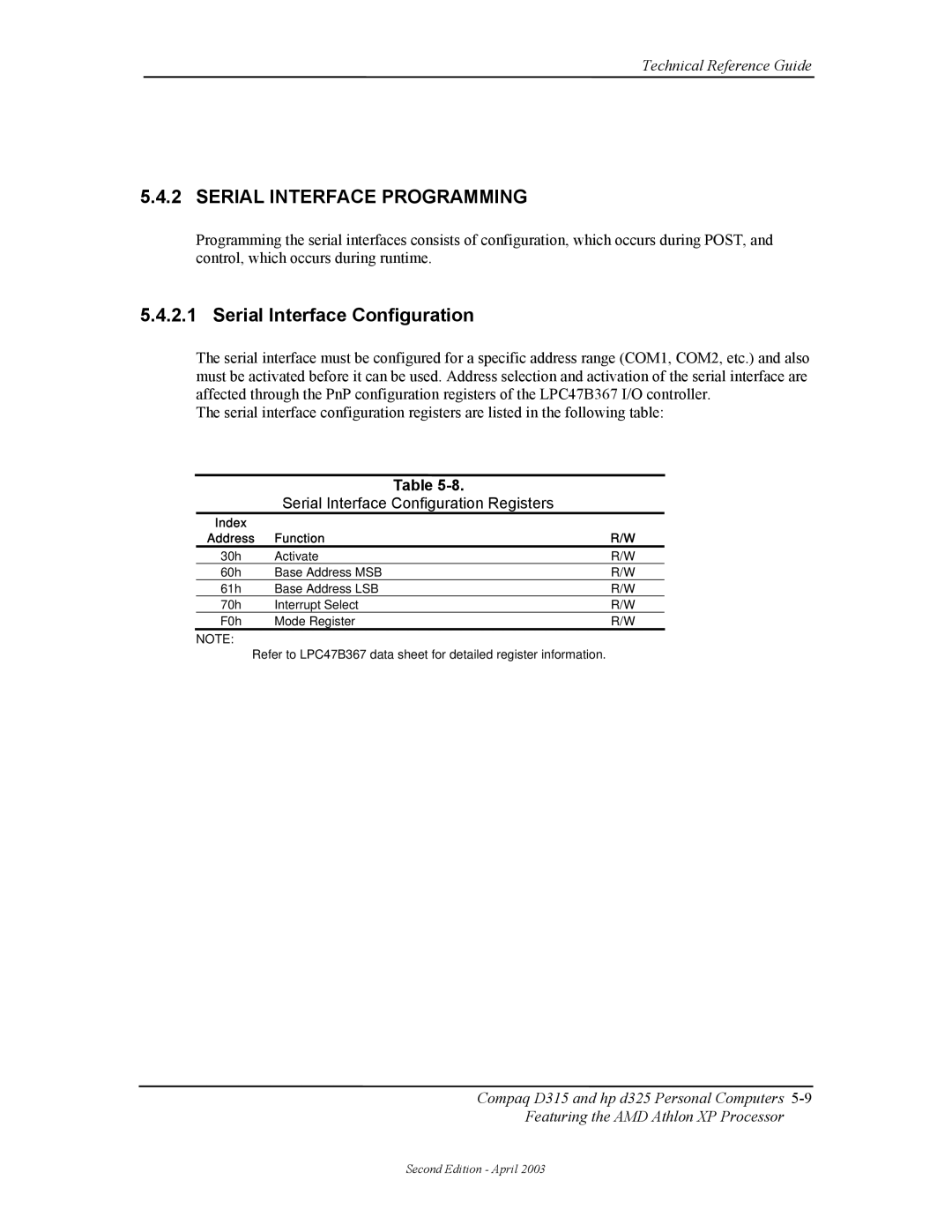 HP D315 manual Serial Interface Programming, Serial Interface Configuration Registers 