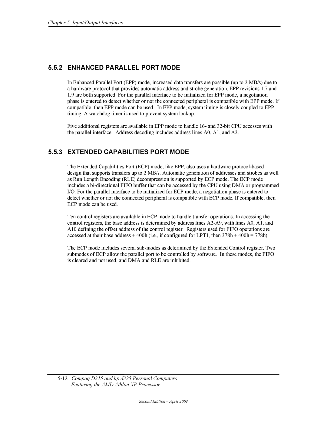 HP D315 manual Enhanced Parallel Port Mode, Extended Capabilities Port Mode 