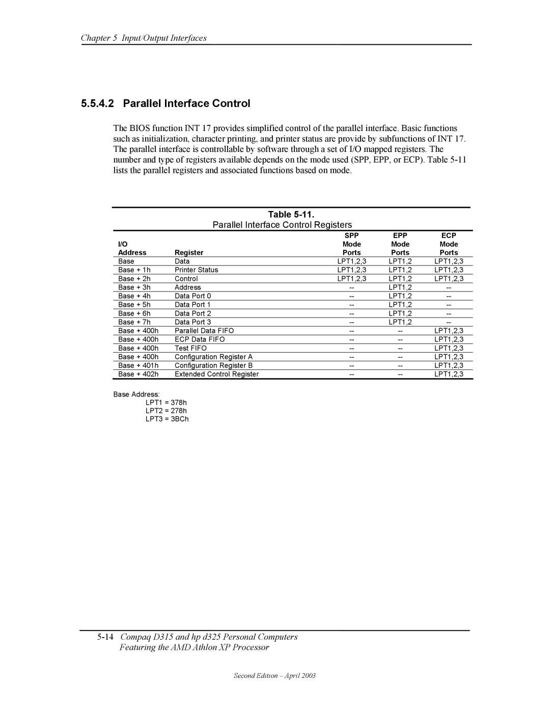 HP D315 manual Parallel Interface Control Registers, Address Register 