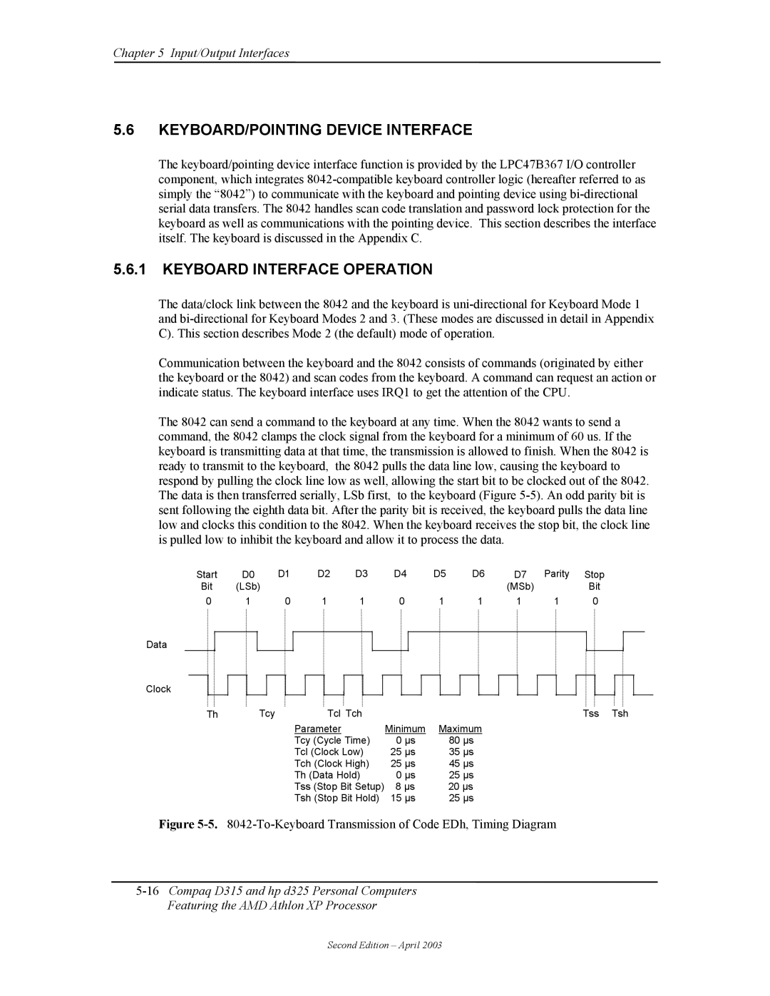 HP D315 manual KEYBOARD/POINTING Device Interface, Keyboard Interface Operation 