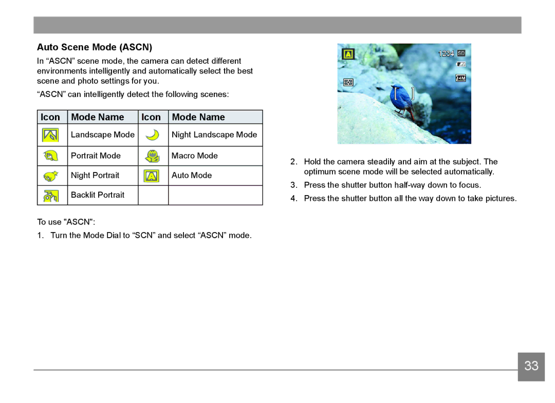 HP d3500 manual Auto Scene Mode Ascn, Icon Mode Name 