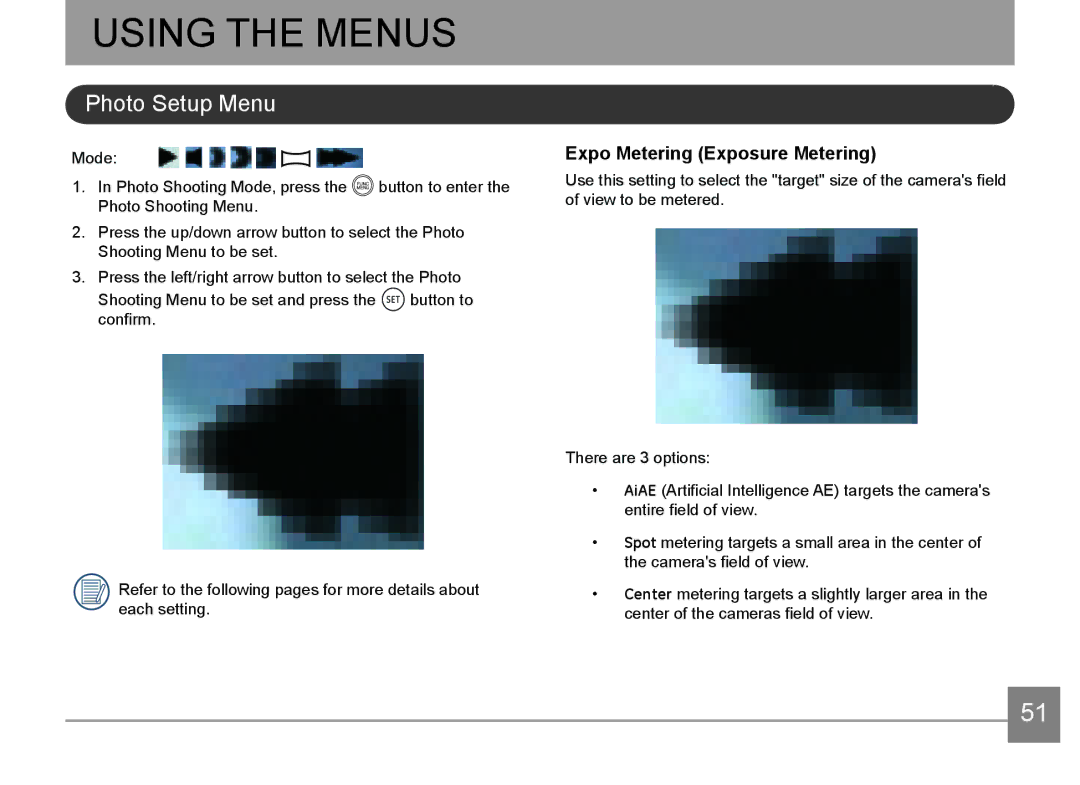 HP d3500 manual Using the Menus, Photo Setup Menu, Expo Metering Exposure Metering 