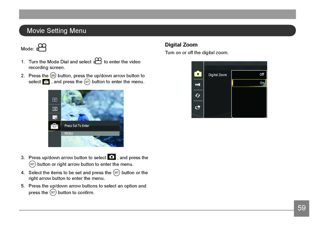 HP d3500 manual Movie Setting Menu, Digital Zoom 