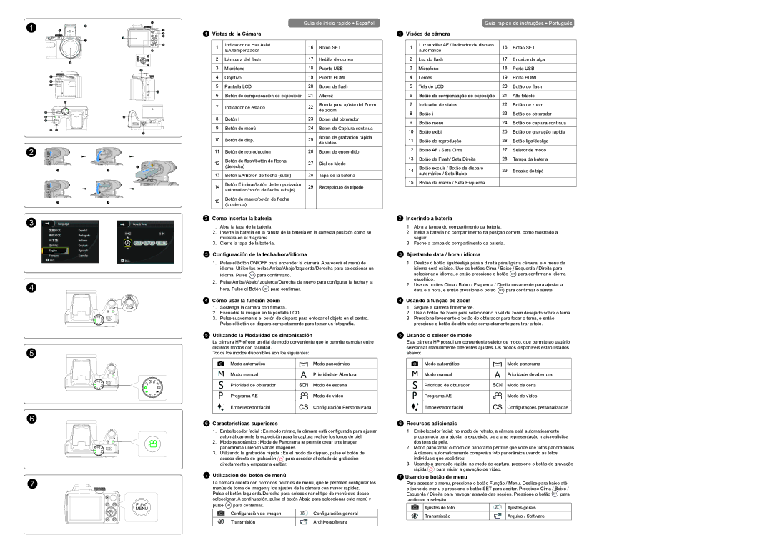 HP d3500 Vistas de la Cámara, Como insertar la batería, Configuración de la fecha/hora/idioma, Cómo usar la función zoom 