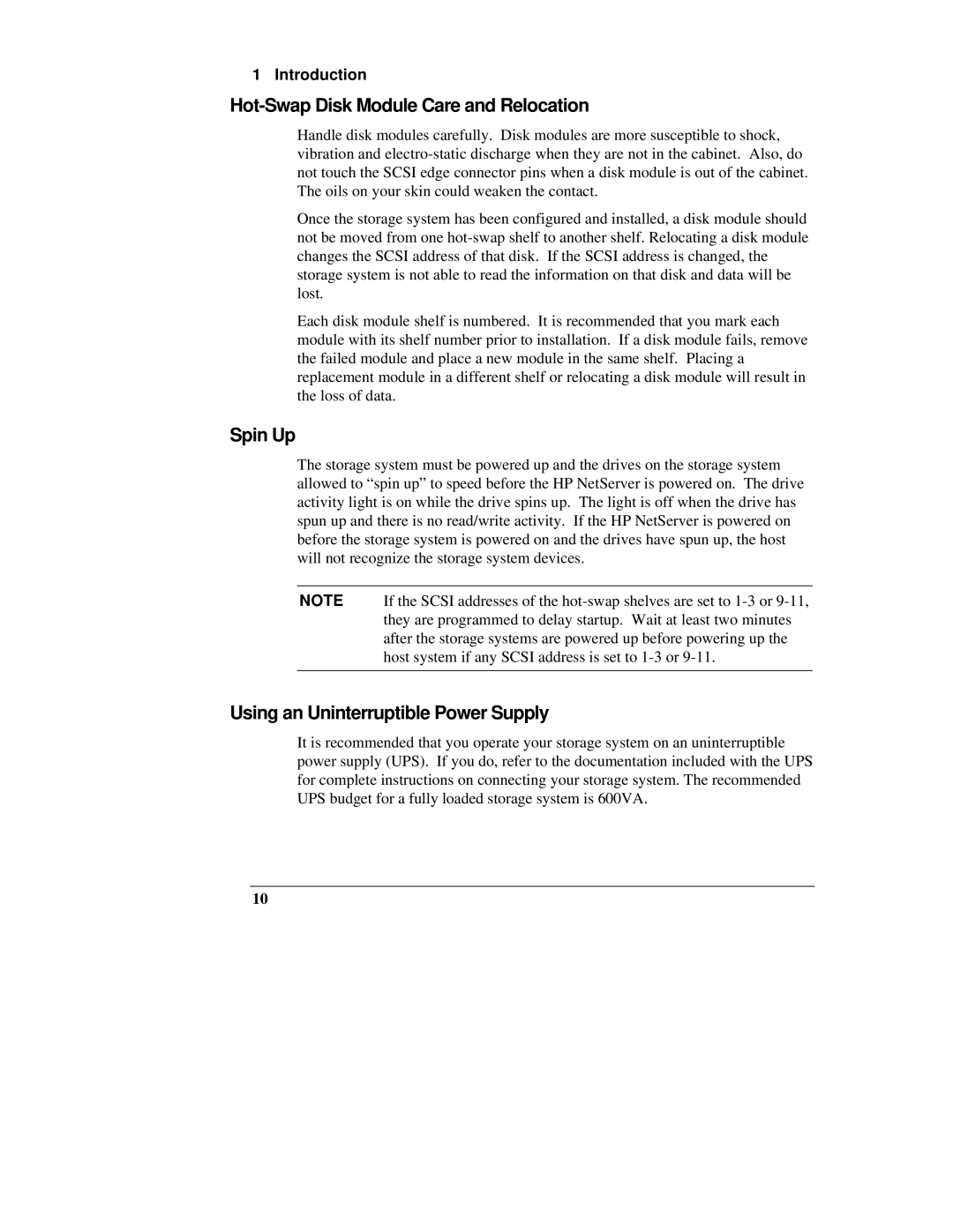 HP D3604-90004 manual Hot-Swap Disk Module Care and Relocation, Spin Up, Using an Uninterruptible Power Supply 