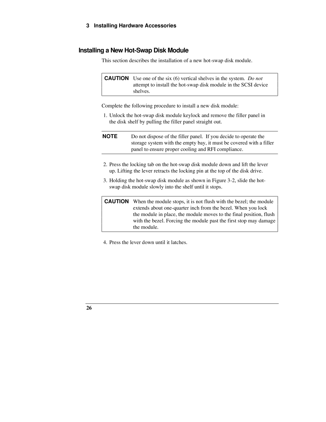 HP D3604-90004 manual Installing a New Hot-Swap Disk Module, Installing Hardware Accessories 