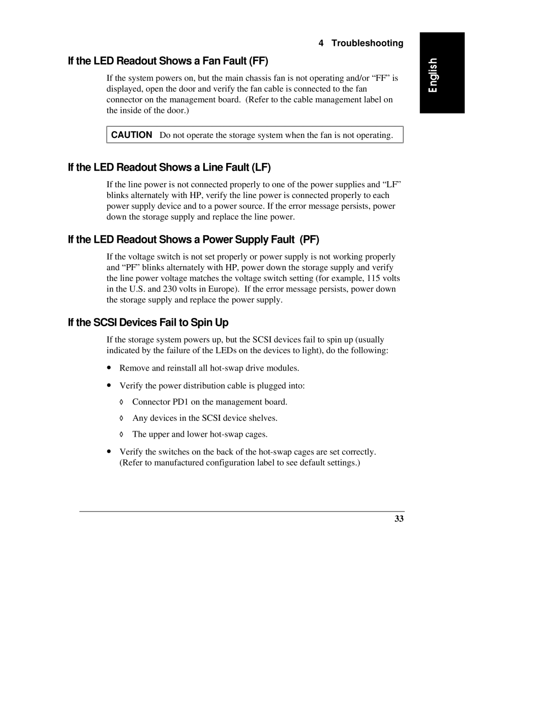 HP D3604-90004 manual If the LED Readout Shows a Fan Fault FF, If the LED Readout Shows a Line Fault LF 