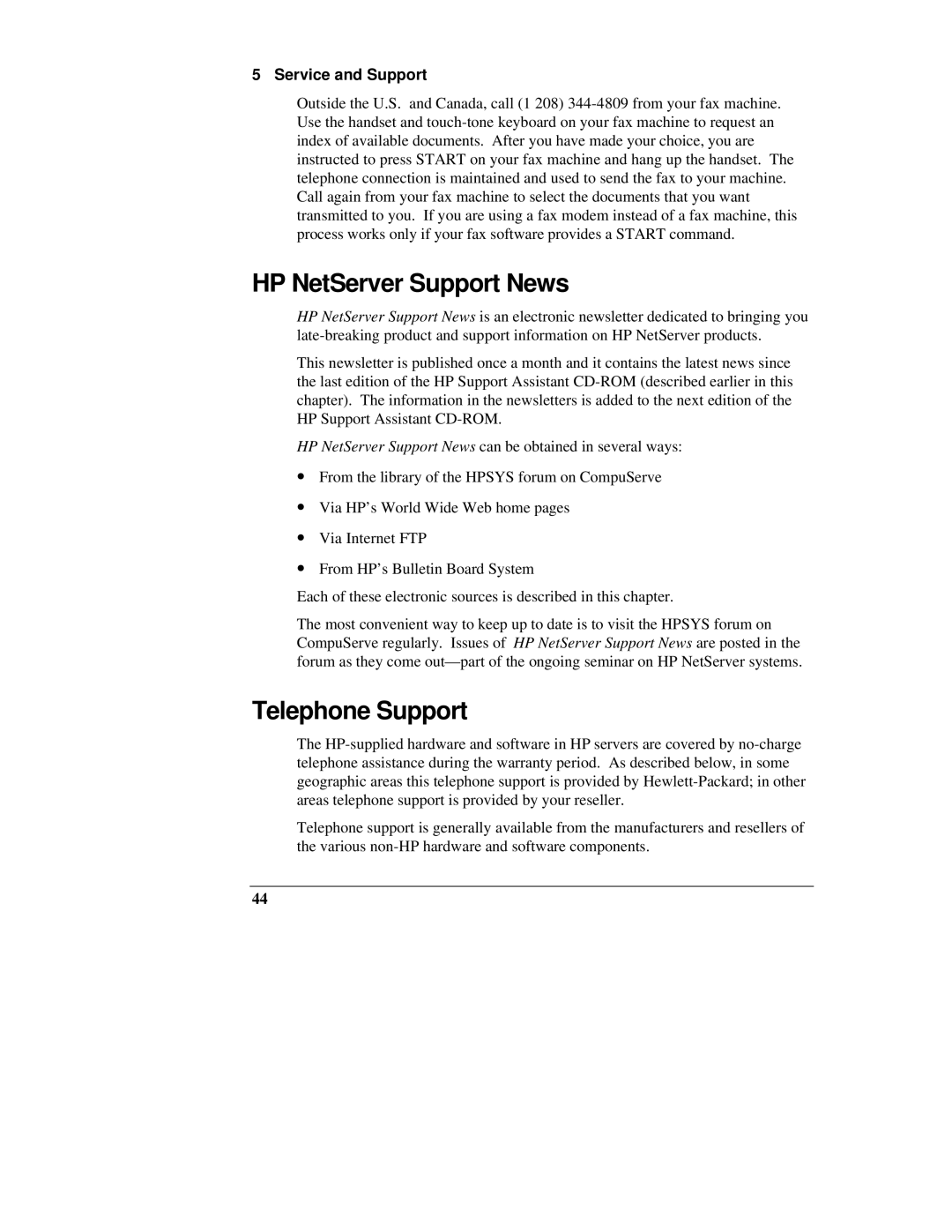 HP D3604-90004 manual HP NetServer Support News, Telephone Support 