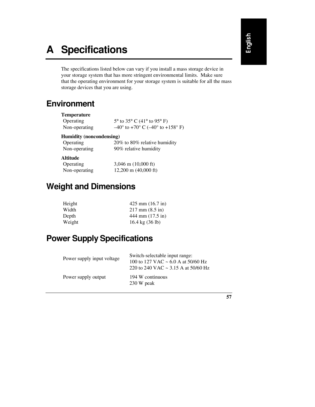 HP D3604-90004 manual Environment, Weight and Dimensions, Power Supply Specifications 