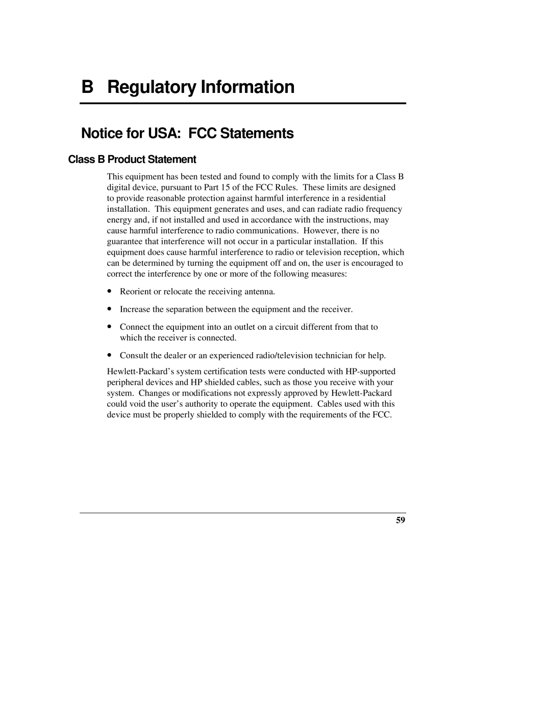 HP D3604-90004 manual Regulatory Information, Class B Product Statement 