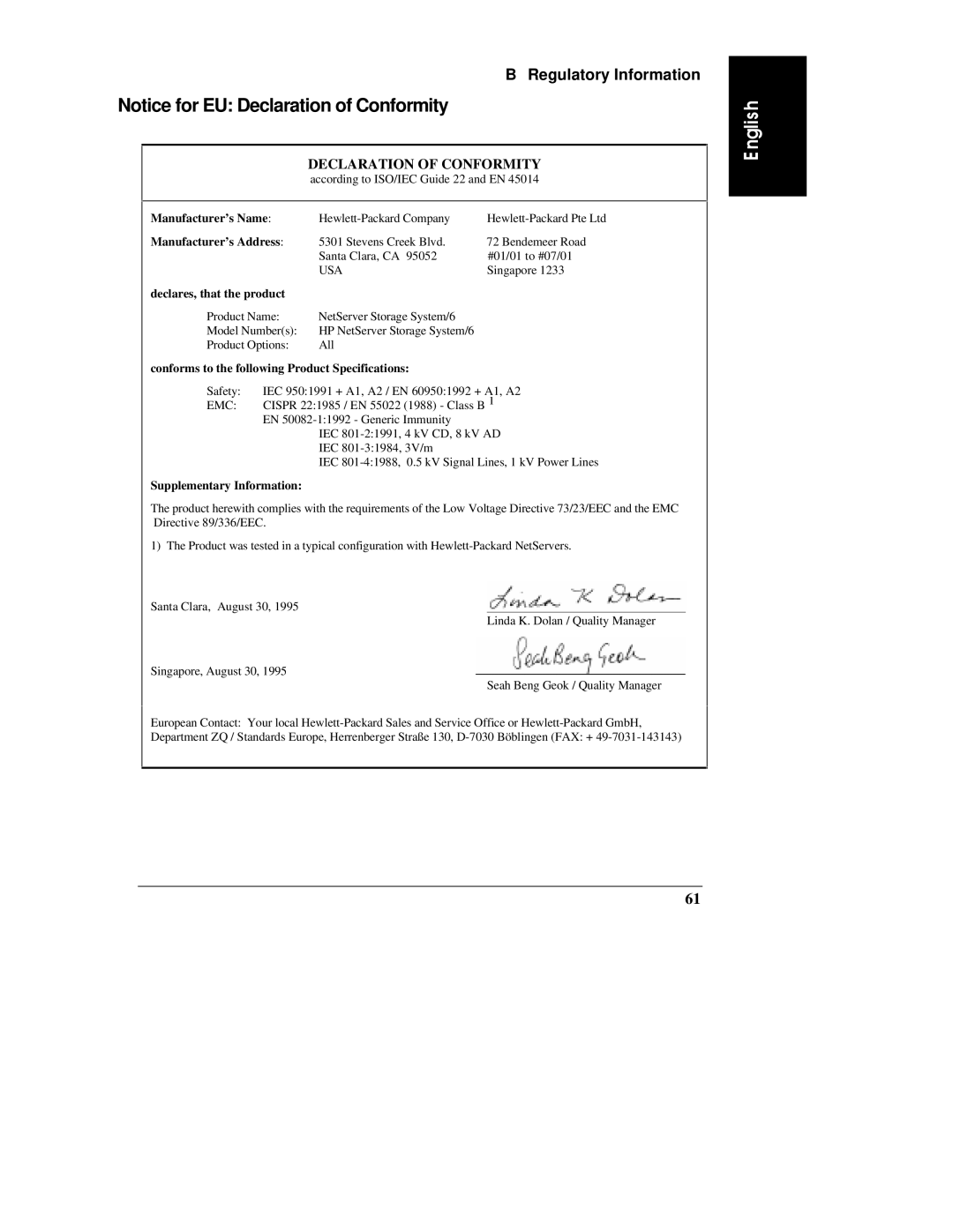 HP D3604-90004 manual Declaration of Conformity 