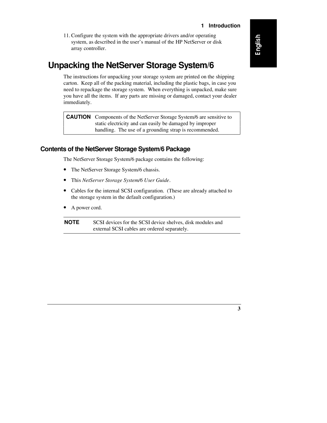 HP D3604-90004 manual Unpacking the NetServer Storage System/6, Contents of the NetServer Storage System/6 Package 