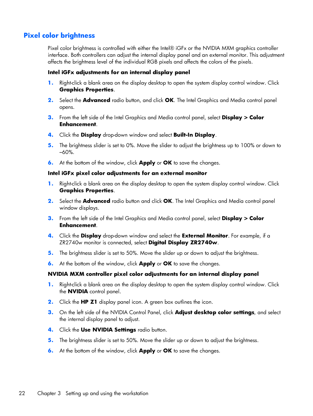 HP D3H66UTABA, 663728R999F7PH manual Pixel color brightness, Intel iGFx adjustments for an internal display panel 
