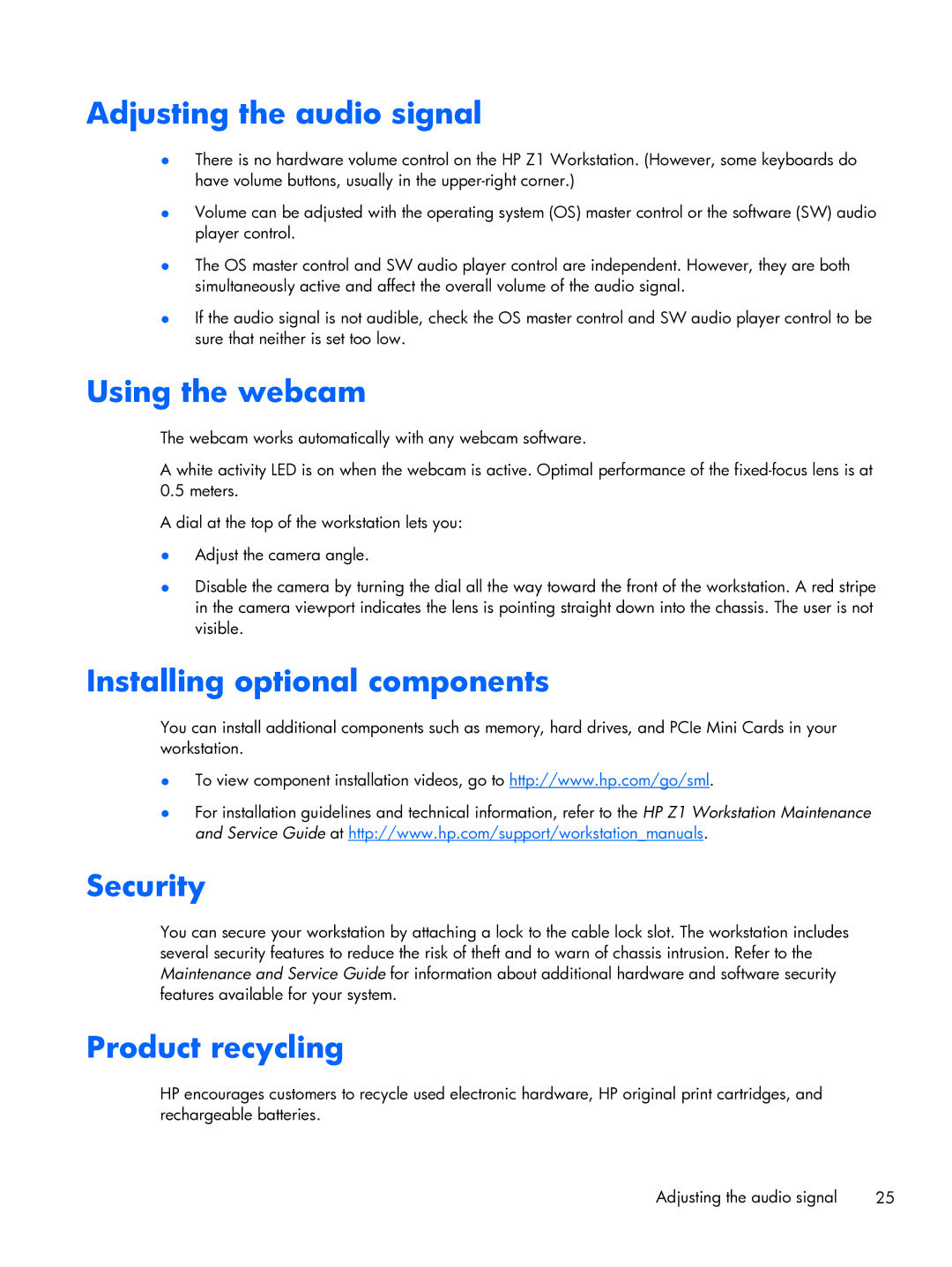 HP 663728R999F7PH, D3H66UTABA manual Adjusting the audio signal, Using the webcam, Installing optional components, Security 