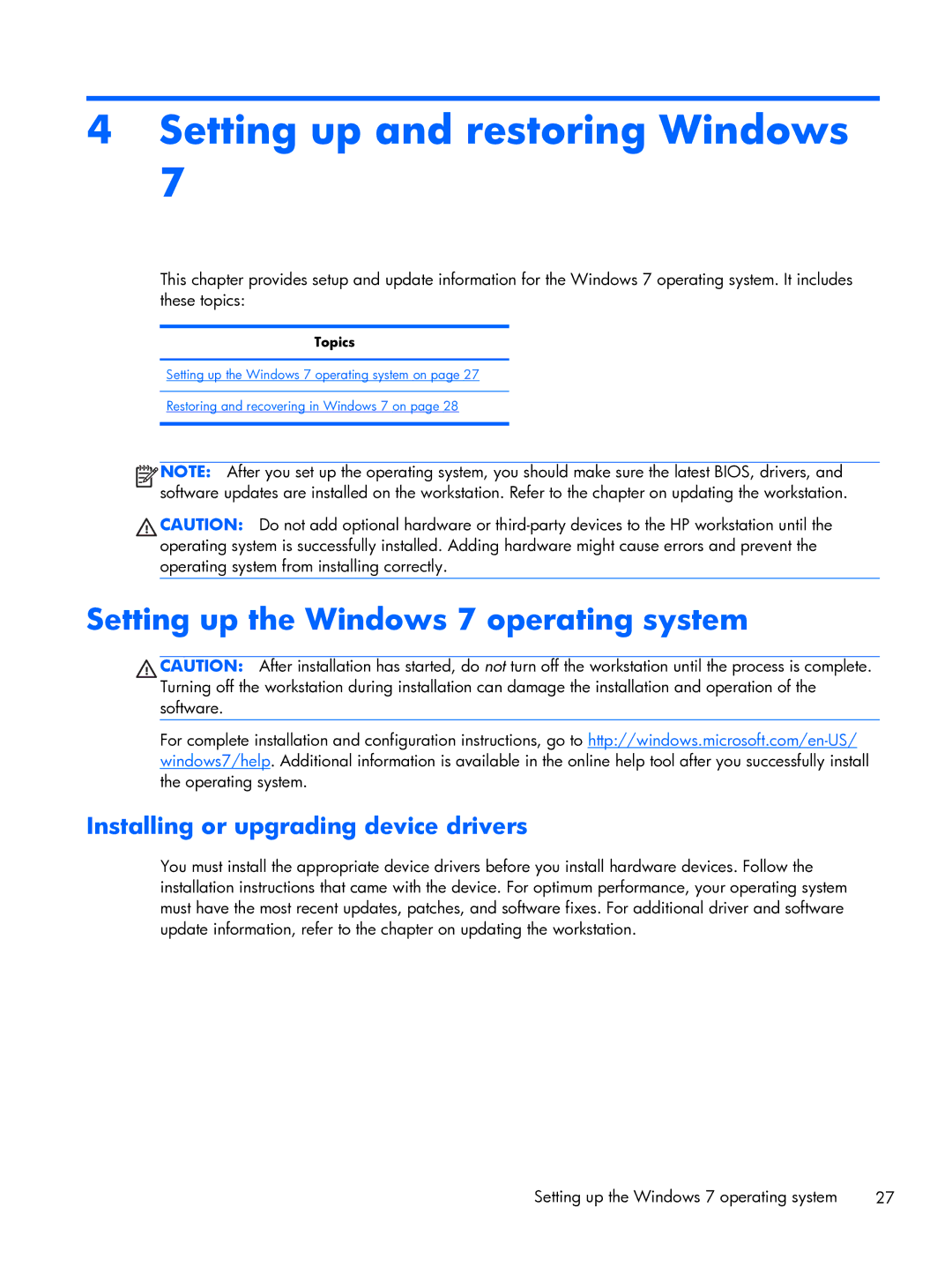 HP 663728R999F7PH, D3H66UTABA manual Setting up and restoring Windows, Setting up the Windows 7 operating system 