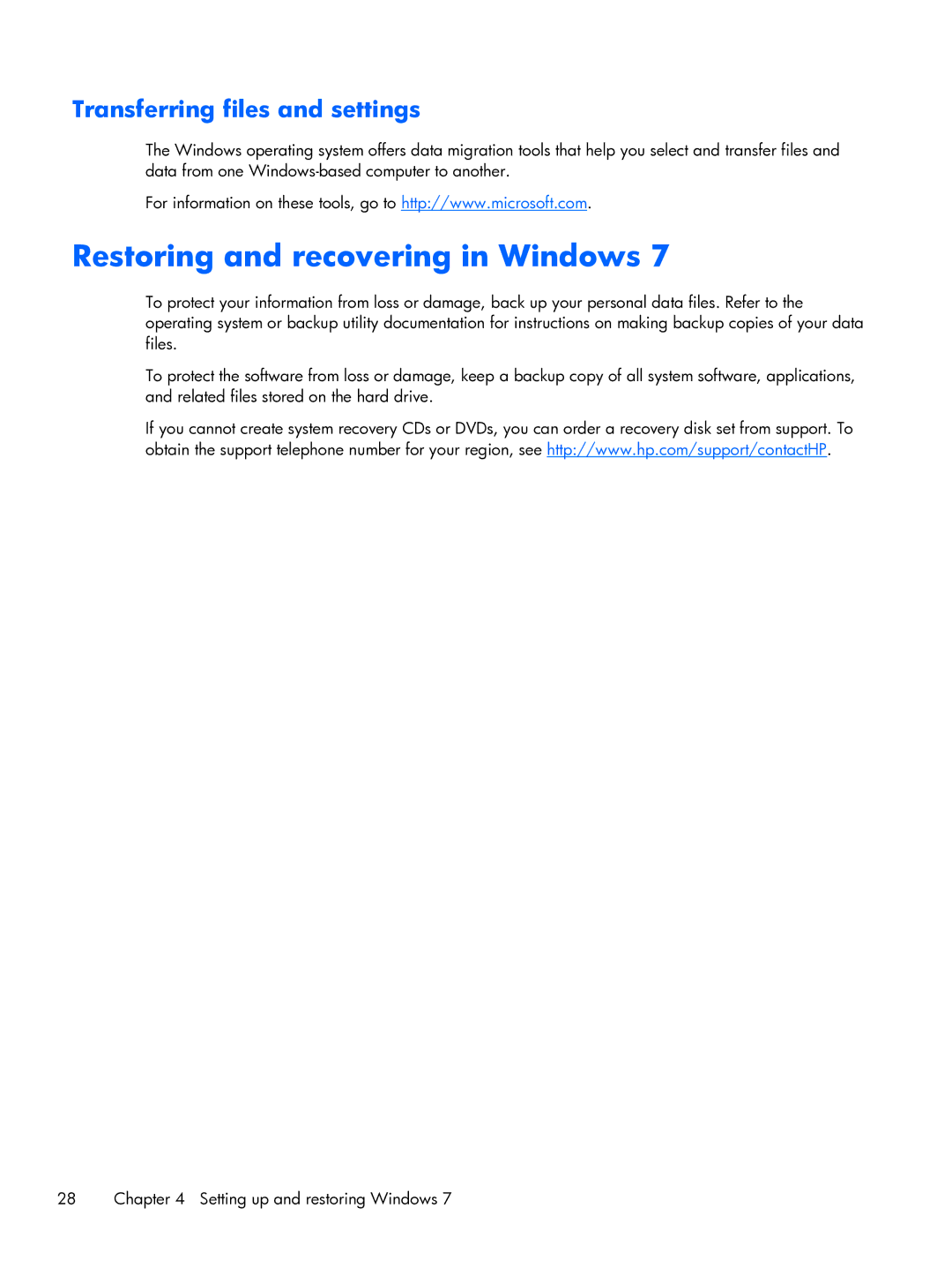 HP D3H66UTABA, 663728R999F7PH manual Restoring and recovering in Windows, Transferring files and settings 