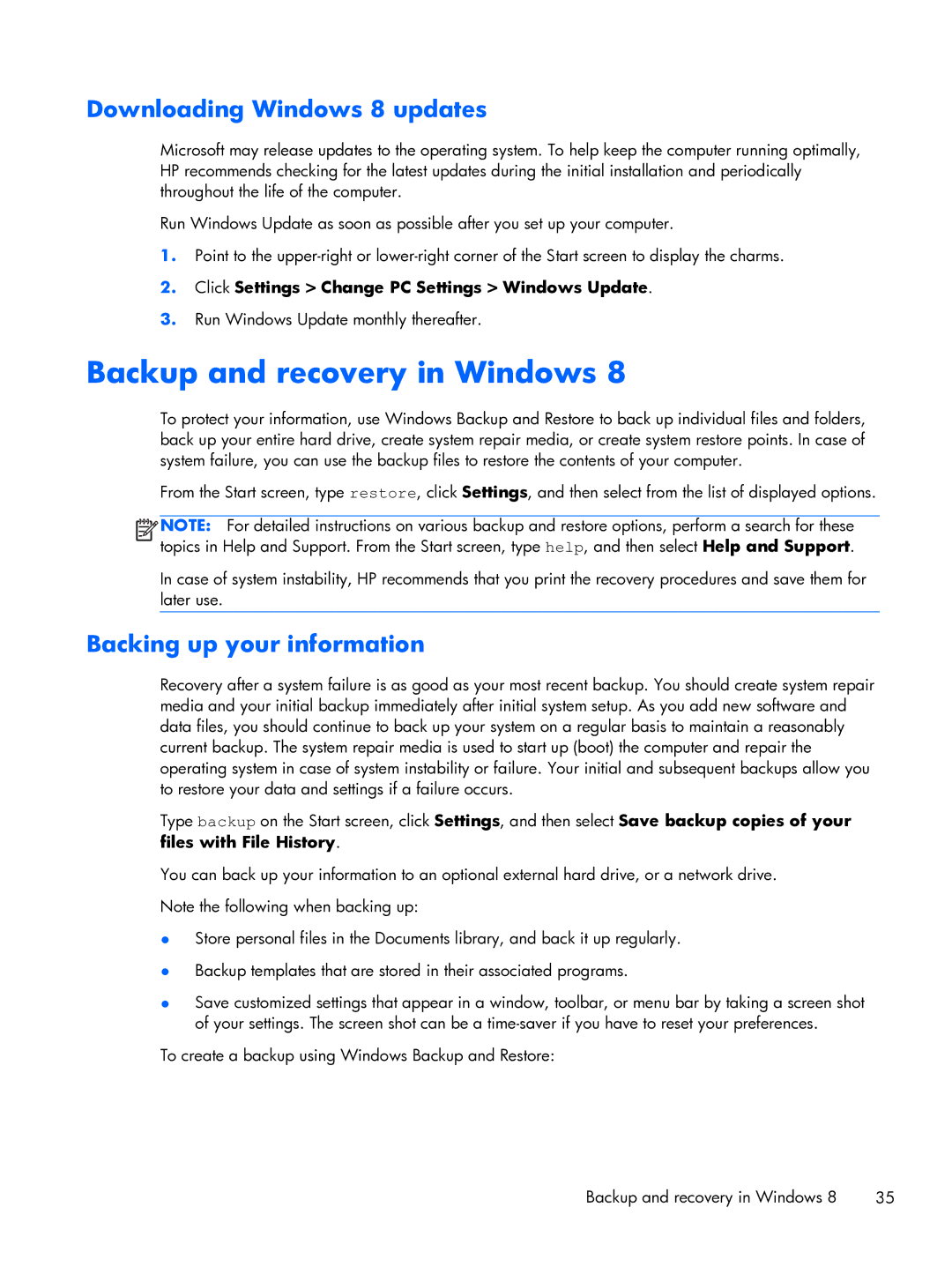 HP 663728R999F7PH, D3H66UTABA Backup and recovery in Windows, Downloading Windows 8 updates, Backing up your information 