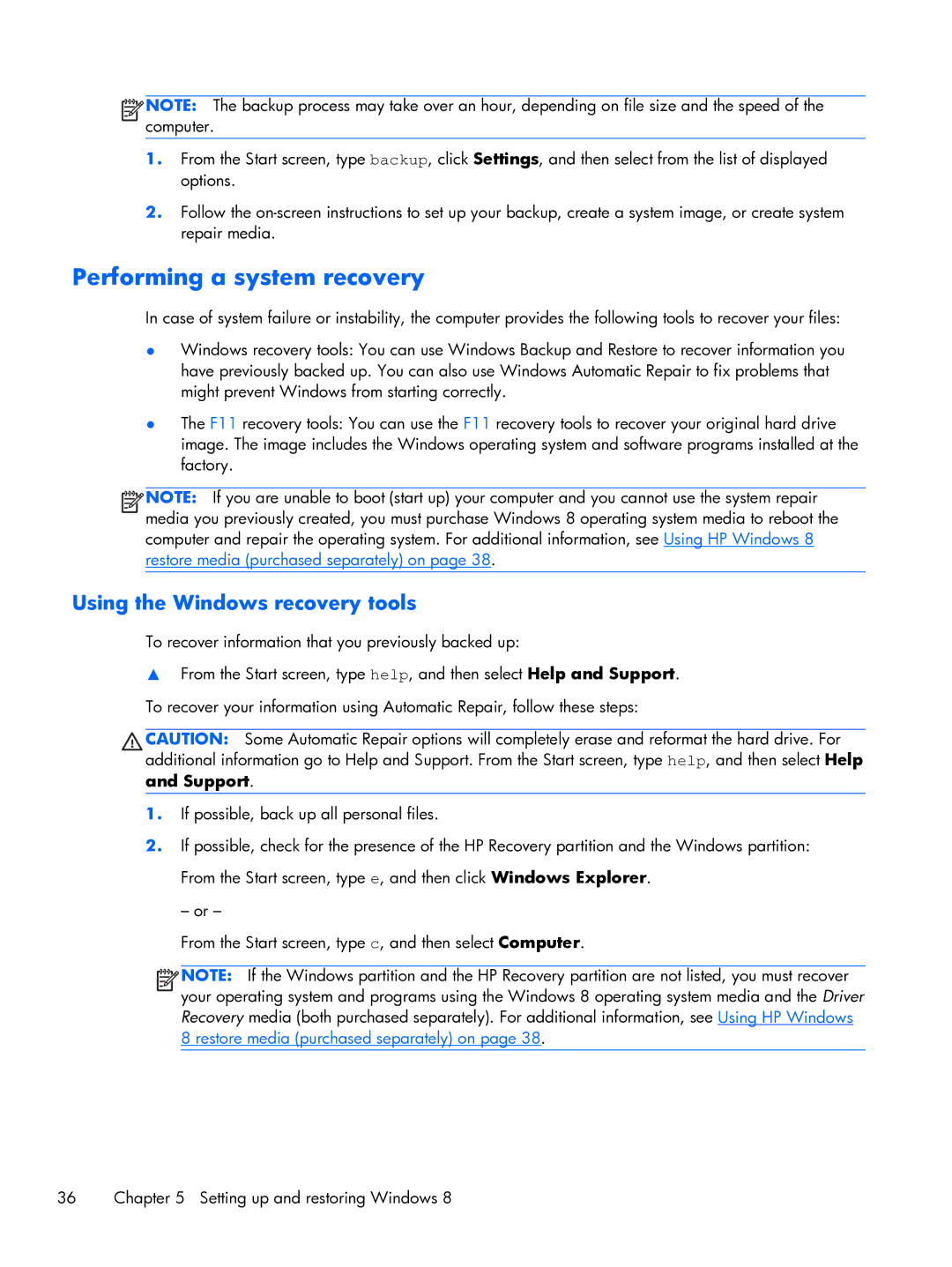 HP D3H66UTABA, 663728R999F7PH manual Performing a system recovery, Using the Windows recovery tools 