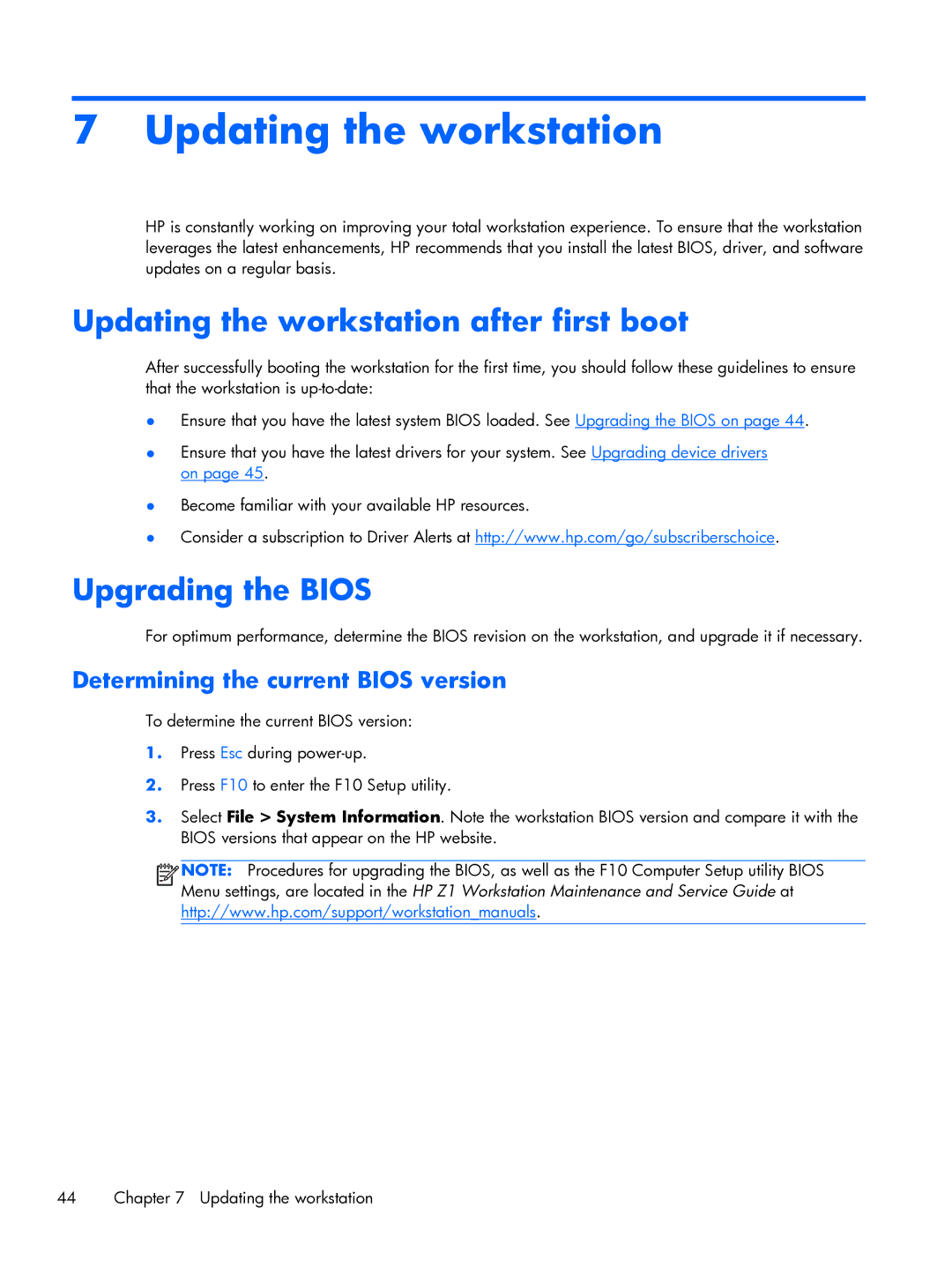 HP D3H66UTABA Updating the workstation after first boot, Upgrading the Bios, Determining the current Bios version 