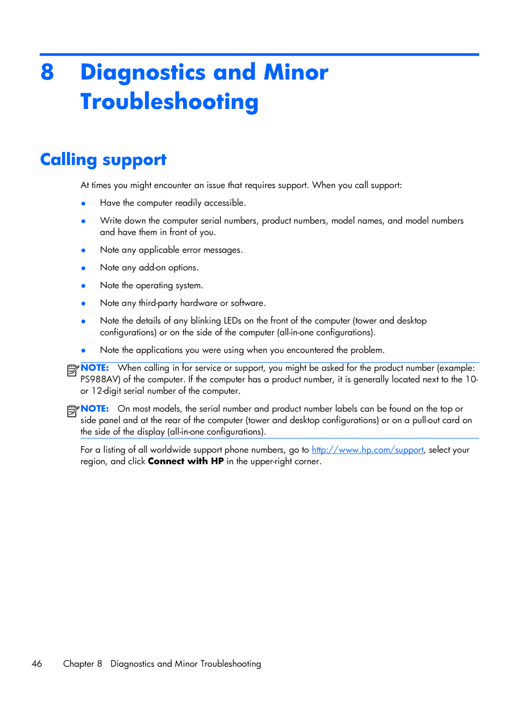 HP D3H66UTABA, 663728R999F7PH manual Diagnostics and Minor Troubleshooting, Calling support 