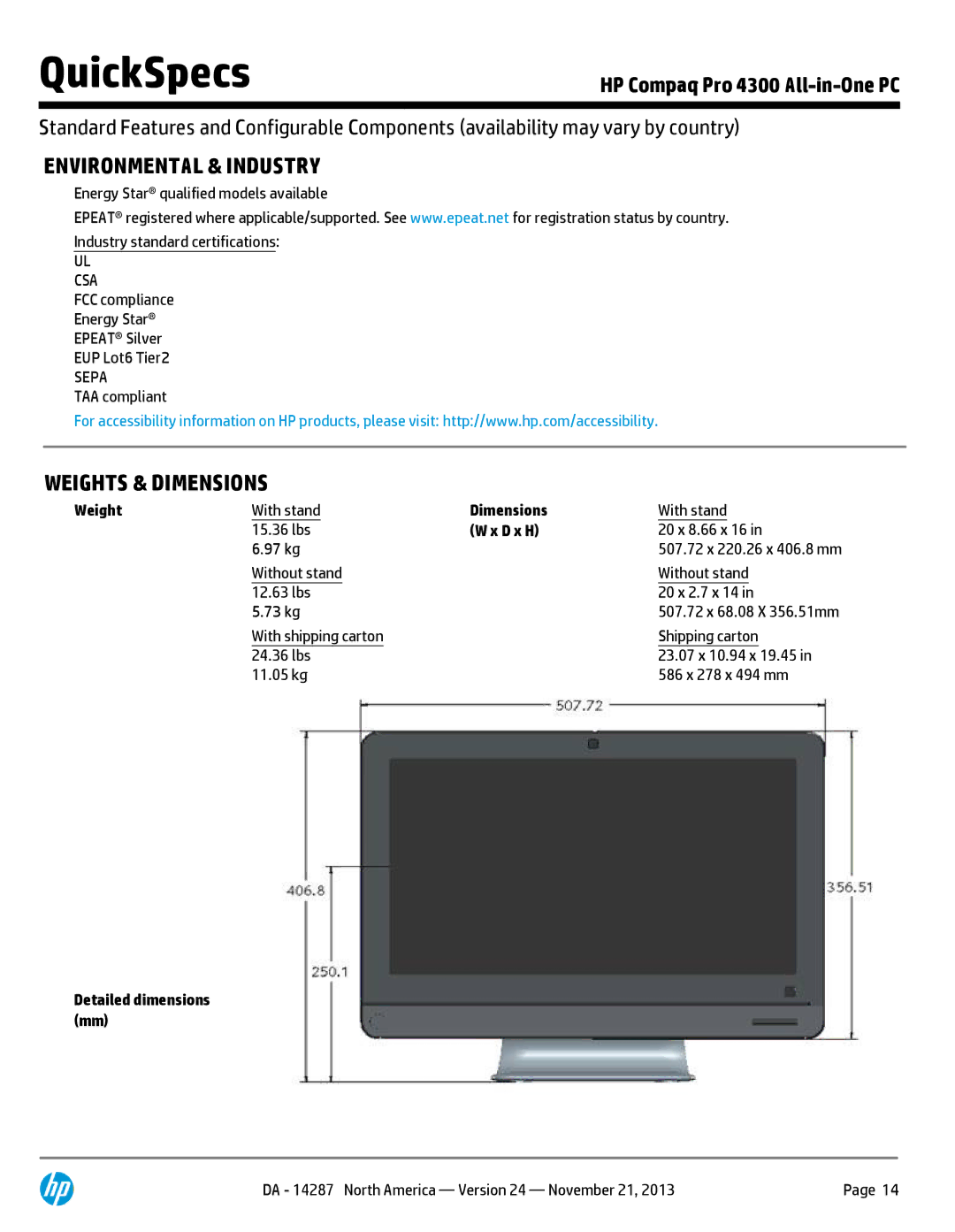 HP D3K20UT D3K20UT#ABA manual Environmental & Industry, Weights & Dimensions 