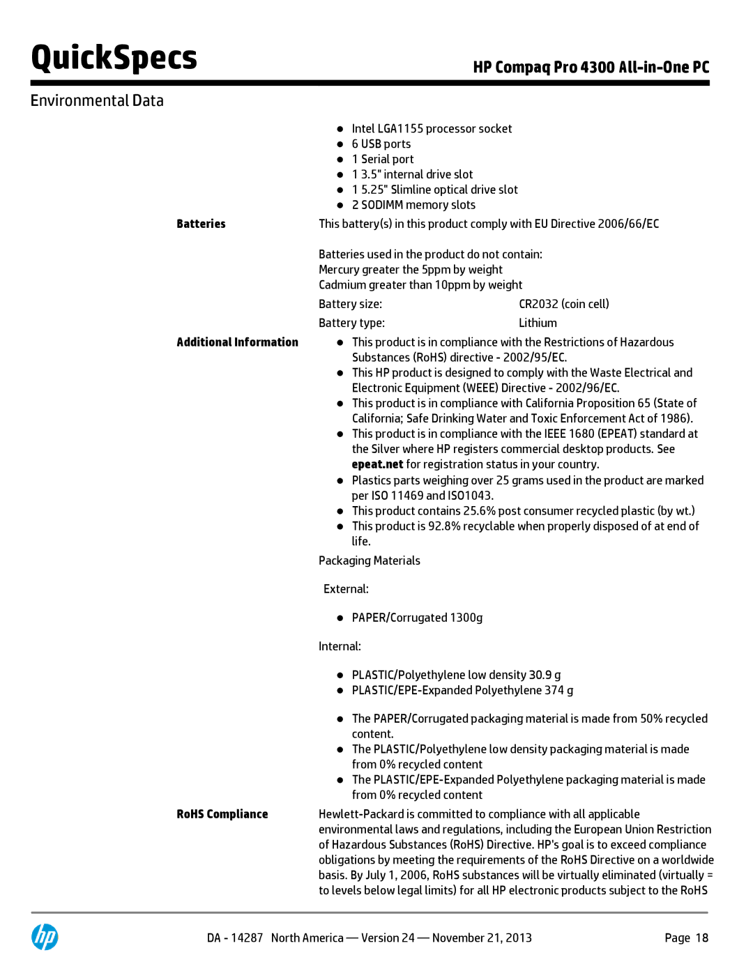 HP D3K20UT D3K20UT#ABA manual Batteries, Additional Information, RoHS Compliance 