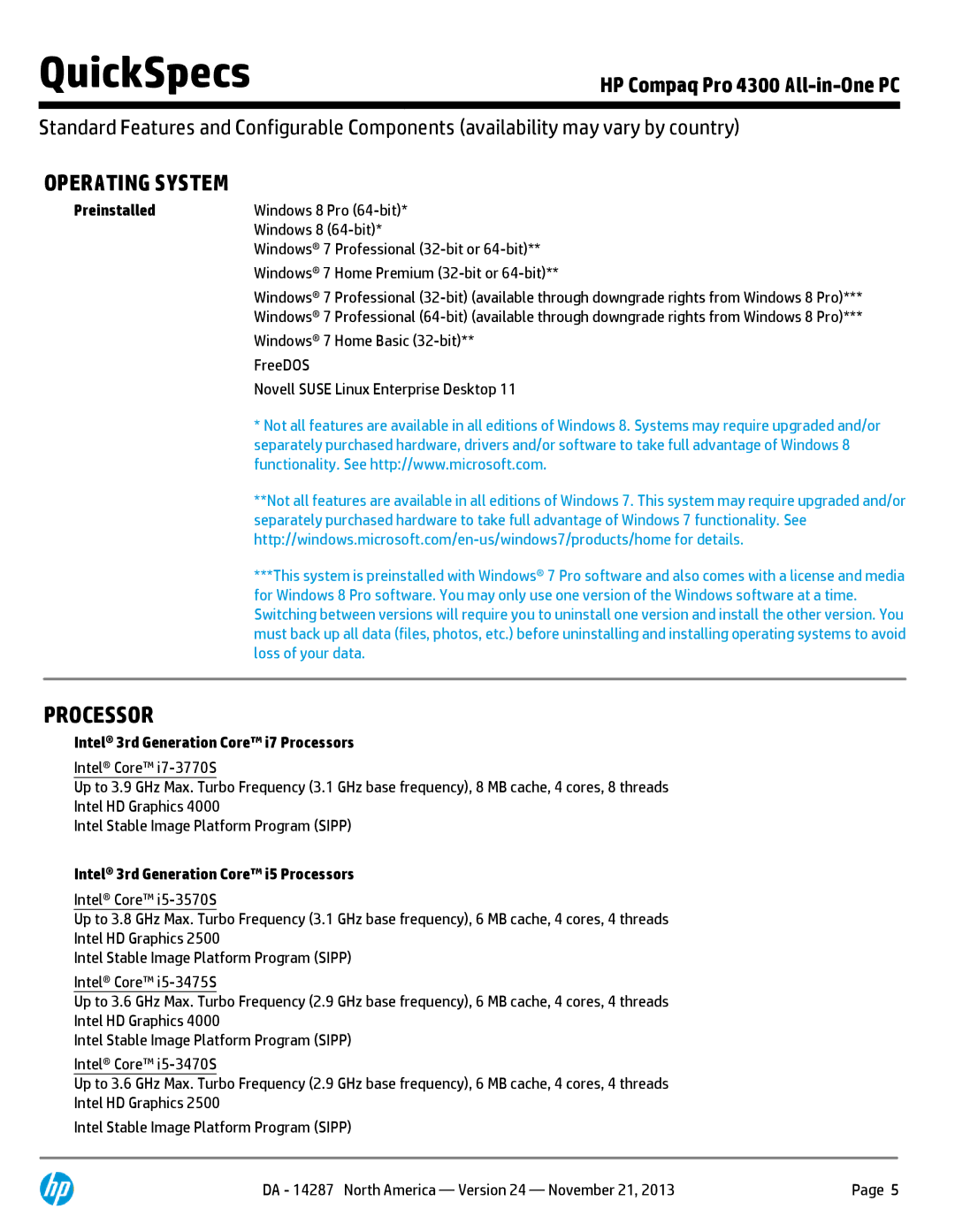 HP D3K20UT D3K20UT#ABA manual Operating System, Preinstalled, Intel 3rd Generation Core i7 Processors 