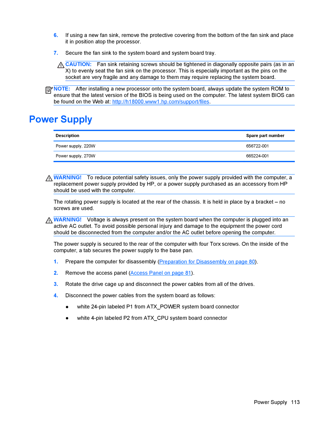 HP D3K72UT D3K72UT#ABA manual Power supply, 220W 656722-001 Power supply, 270W 665224-001 