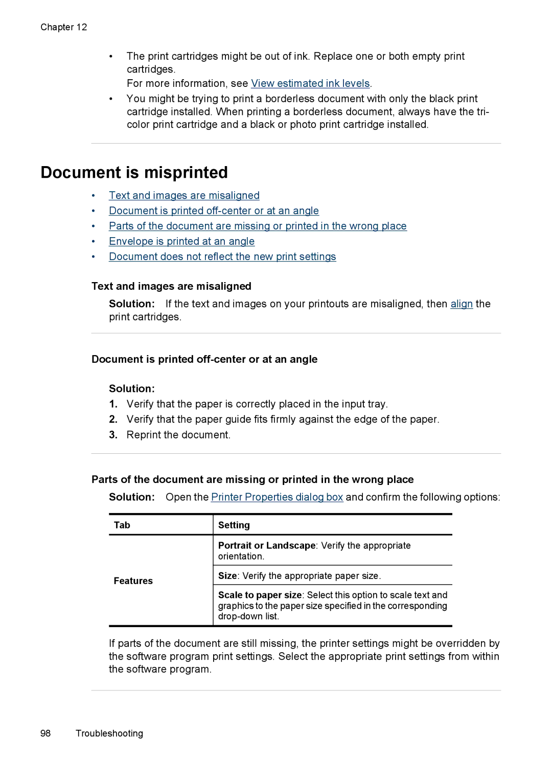 HP D4200 Document is misprinted, Text and images are misaligned, Document is printed off-center or at an angle Solution 