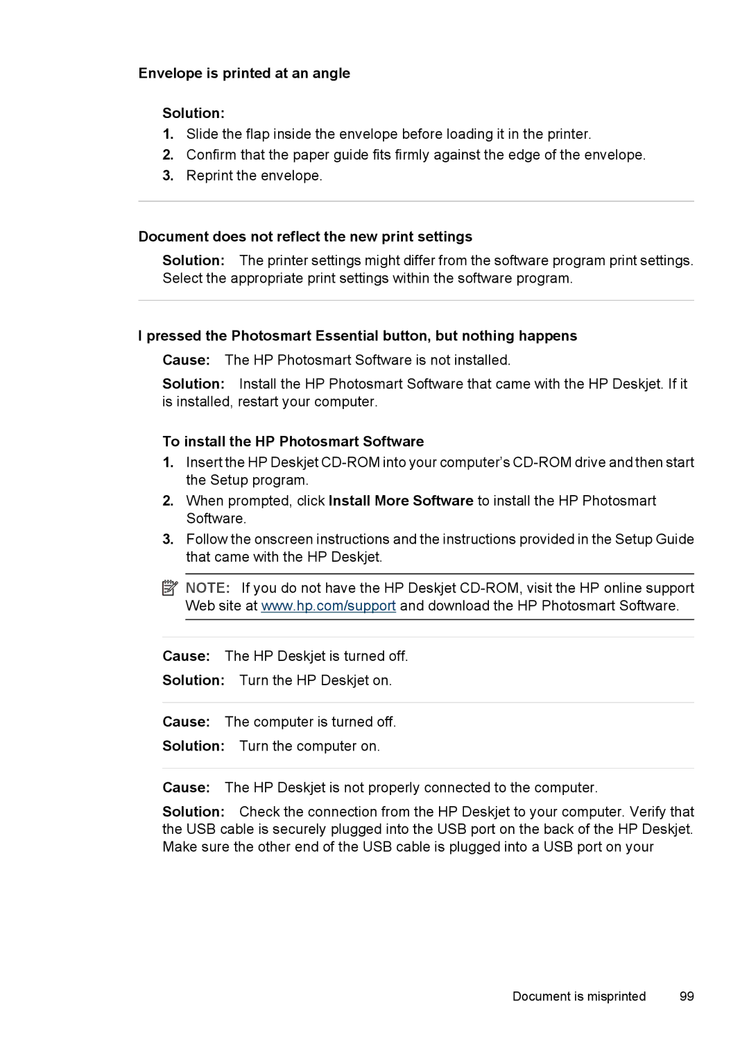 HP D4200 manual Envelope is printed at an angle Solution, Document does not reflect the new print settings 