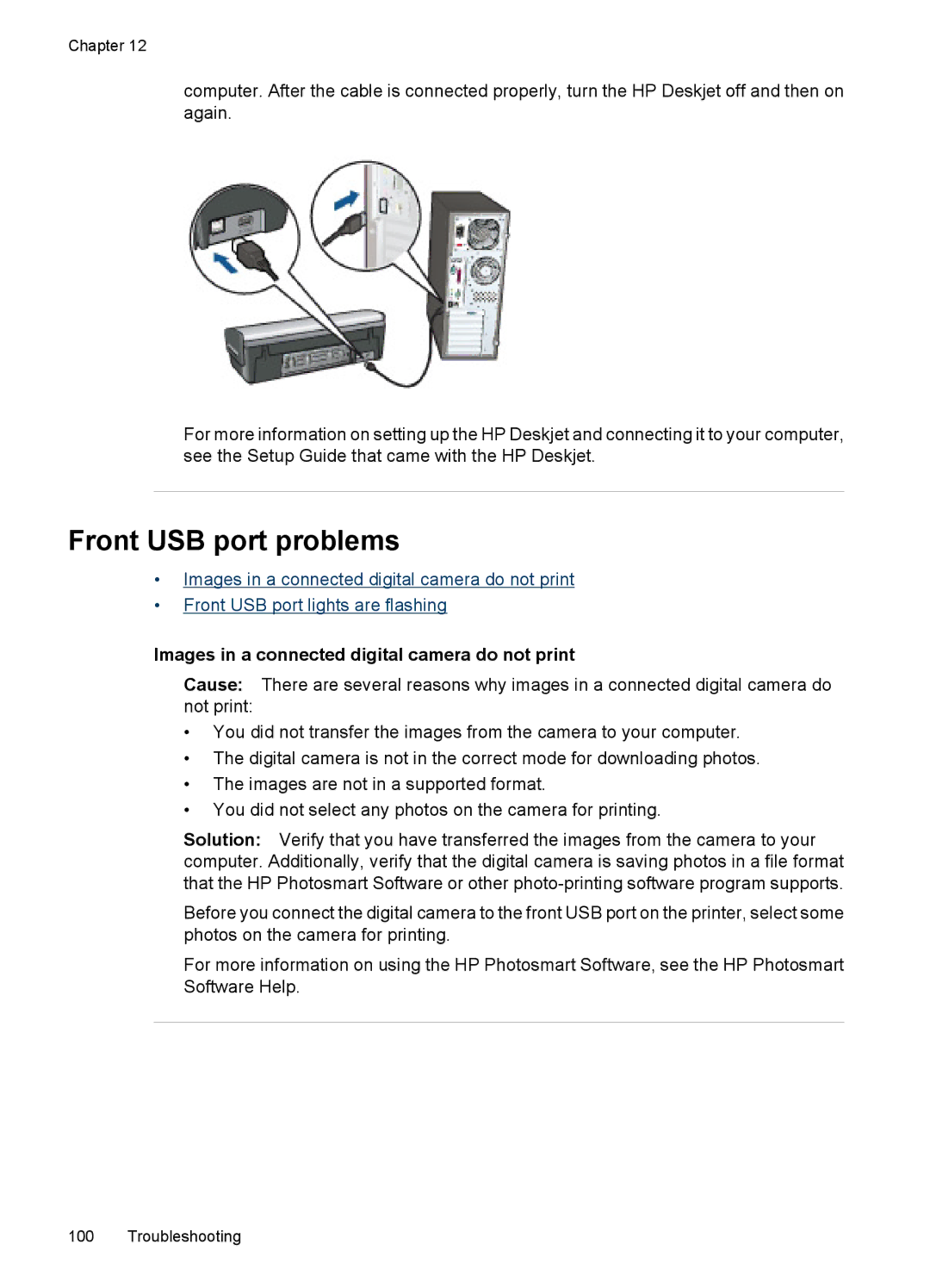 HP D4200 manual Front USB port problems, Images in a connected digital camera do not print 