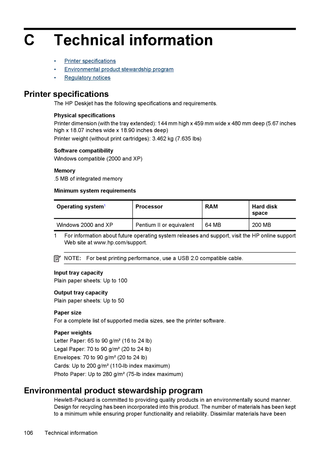 HP D4200 manual Technical information, Printer specifications 