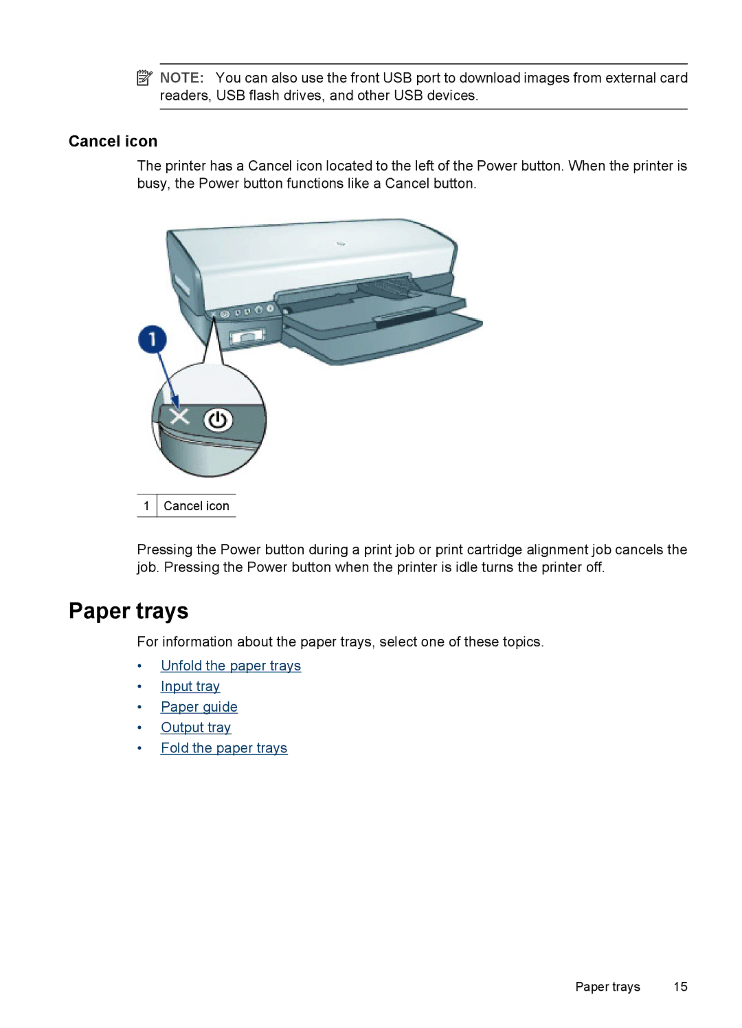 HP D4200 manual Paper trays, Cancel icon 