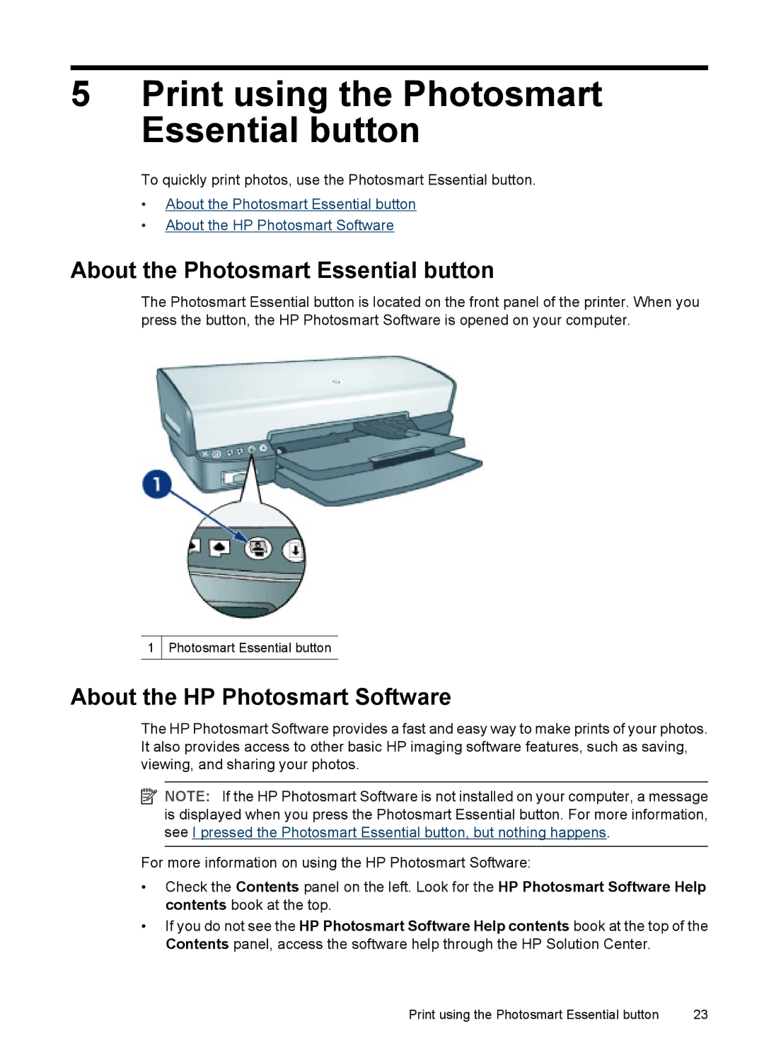 HP D4200 manual Print using the Photosmart Essential button, About the Photosmart Essential button 