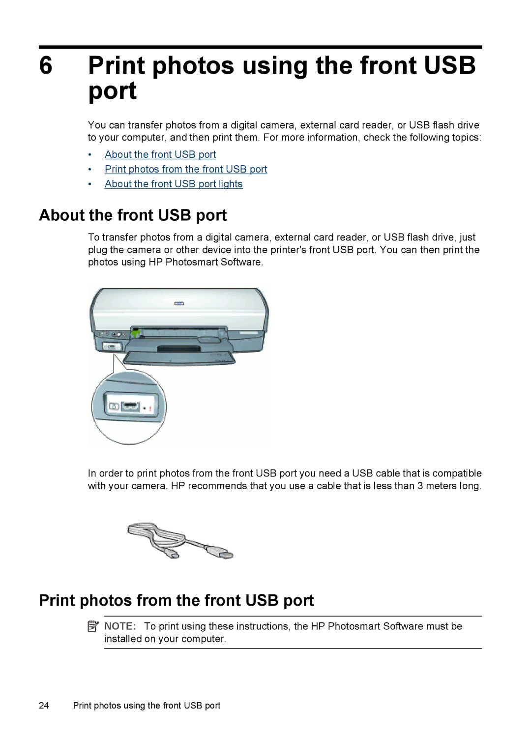 HP D4200 manual Print photos using the front USB port, About the front USB port, Print photos from the front USB port 