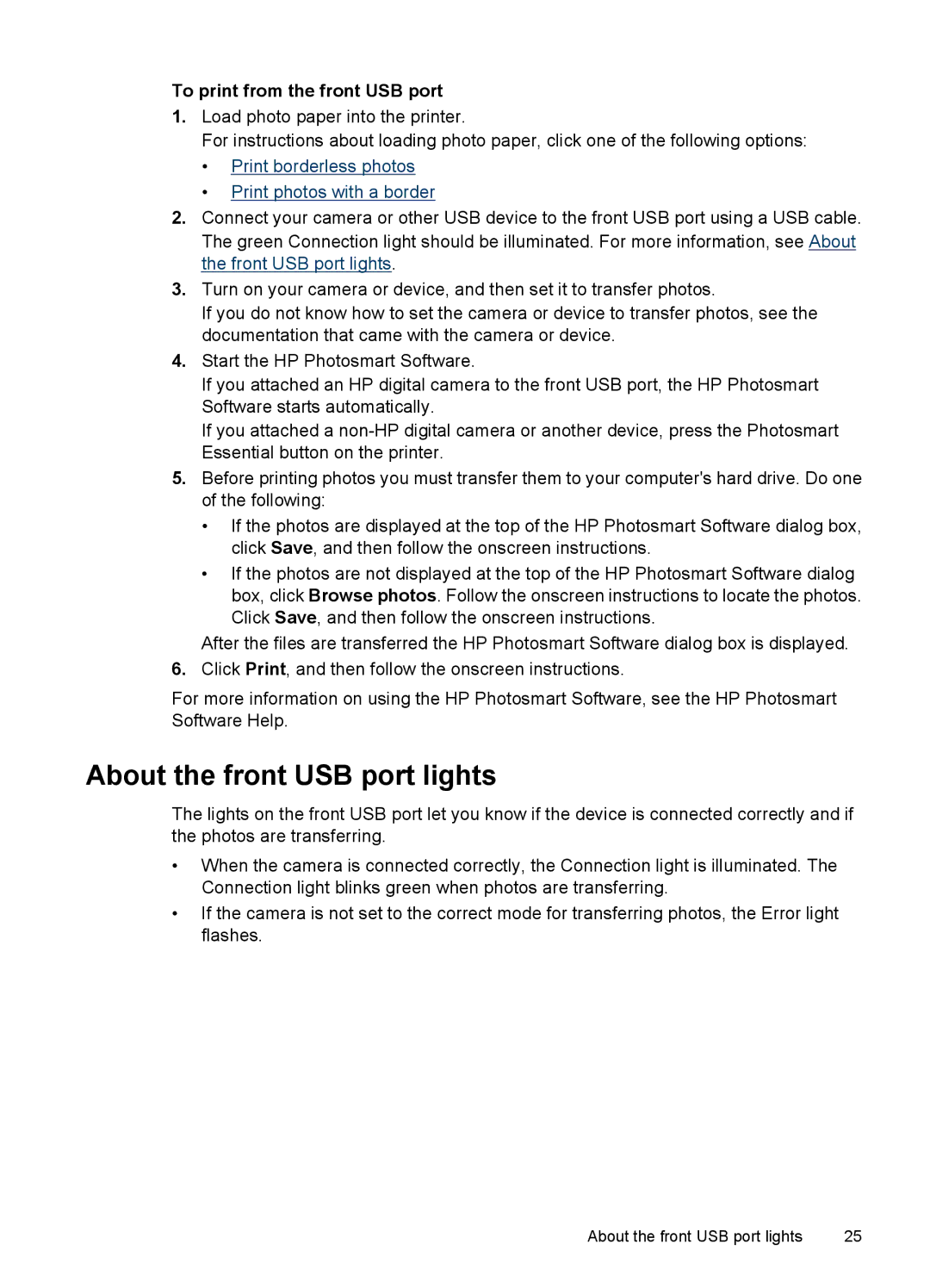 HP D4200 manual About the front USB port lights, To print from the front USB port 