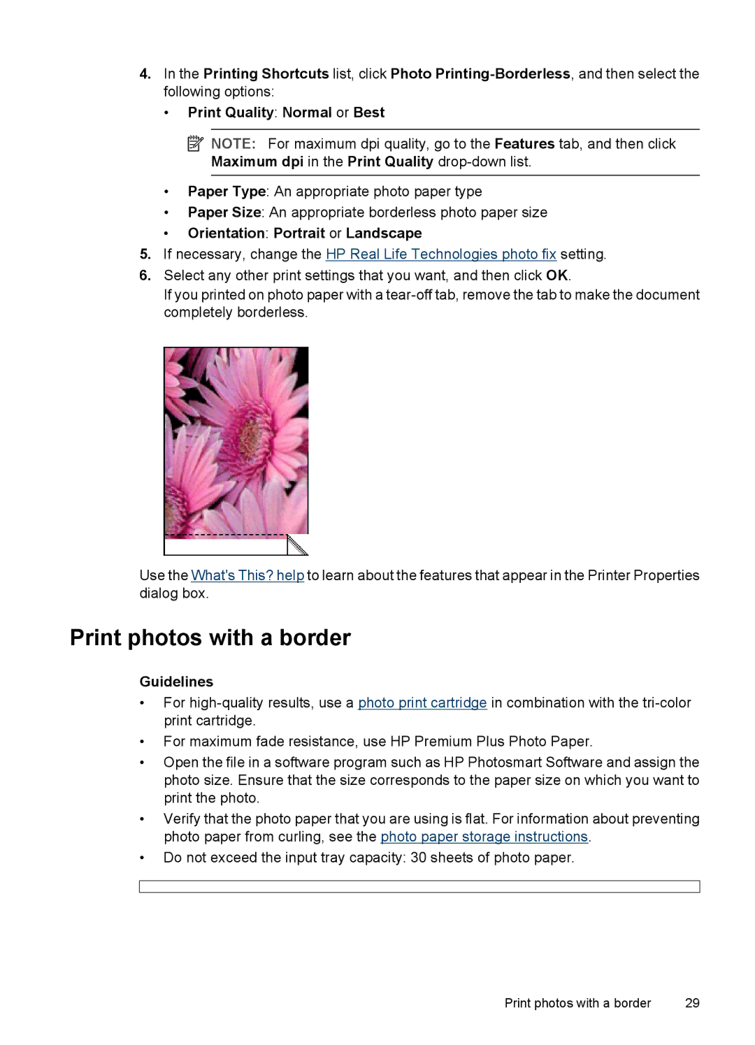 HP D4200 manual Print photos with a border, Orientation Portrait or Landscape 