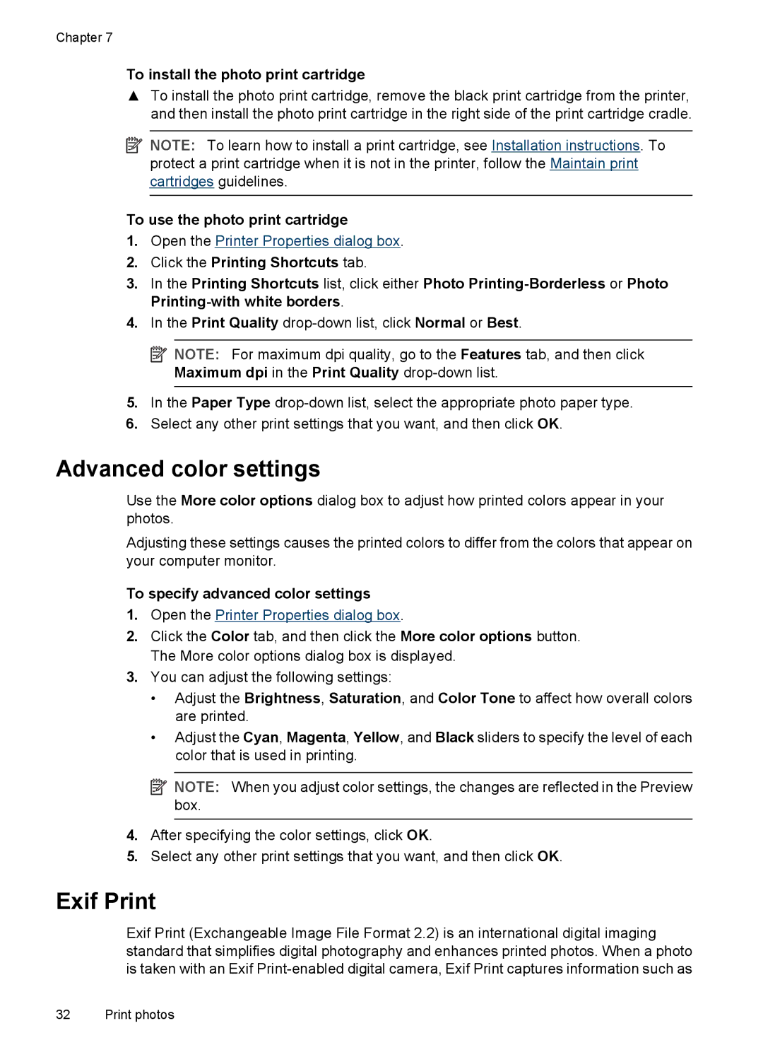 HP D4200 manual Advanced color settings, Exif Print, To install the photo print cartridge, To use the photo print cartridge 