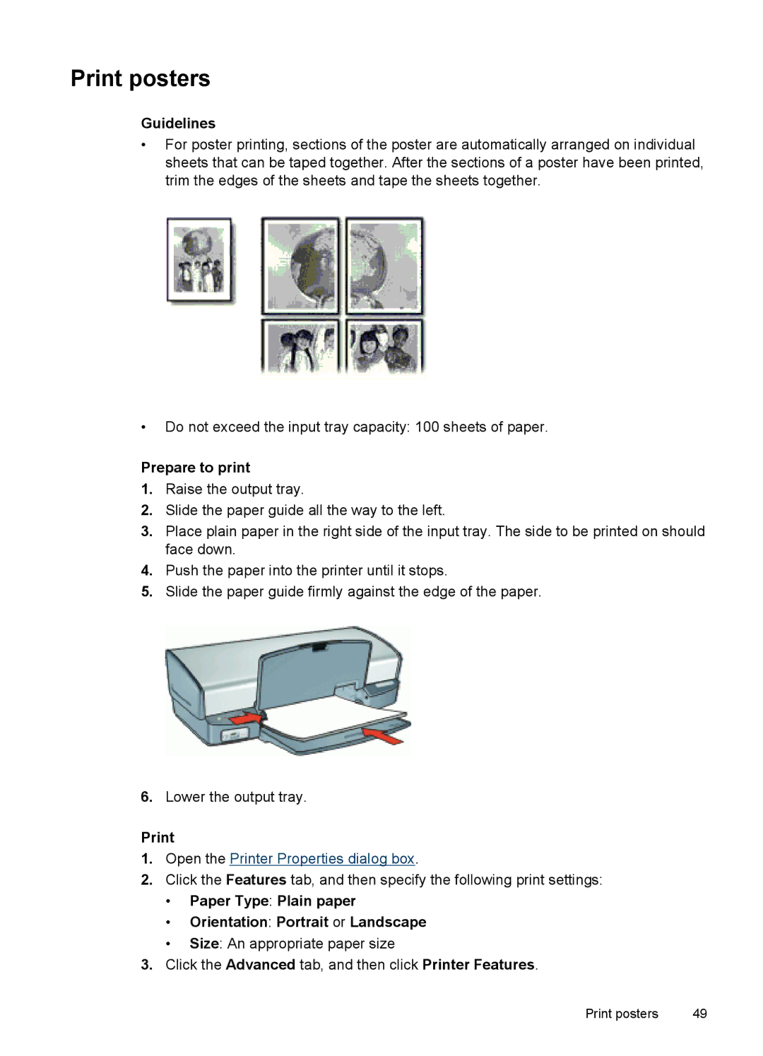 HP D4200 manual Print posters, Paper Type Plain paper Orientation Portrait or Landscape 