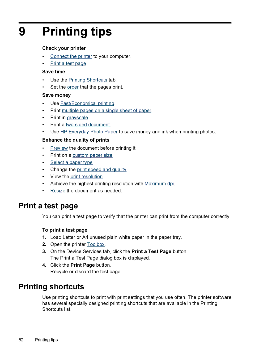 HP D4200 manual Printing tips, Print a test, Printing shortcuts 