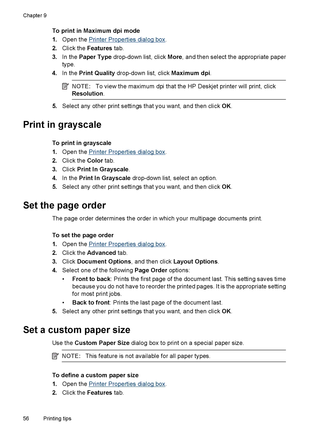 HP D4200 manual Print in grayscale, Set the page order, Set a custom paper size 