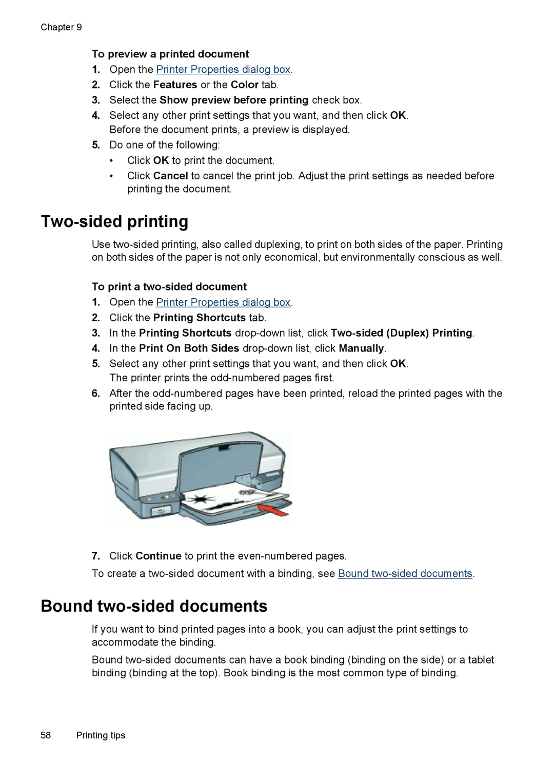 HP D4200 manual Two-sided printing, Bound two-sided documents, To preview a printed document, To print a two-sided document 