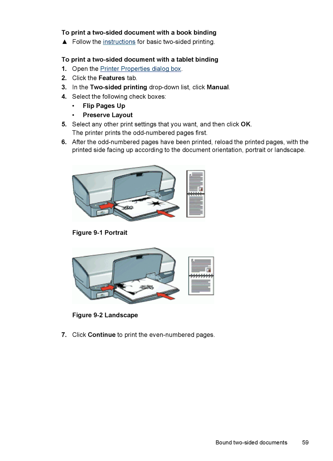 HP D4200 manual To print a two-sided document with a book binding, To print a two-sided document with a tablet binding 