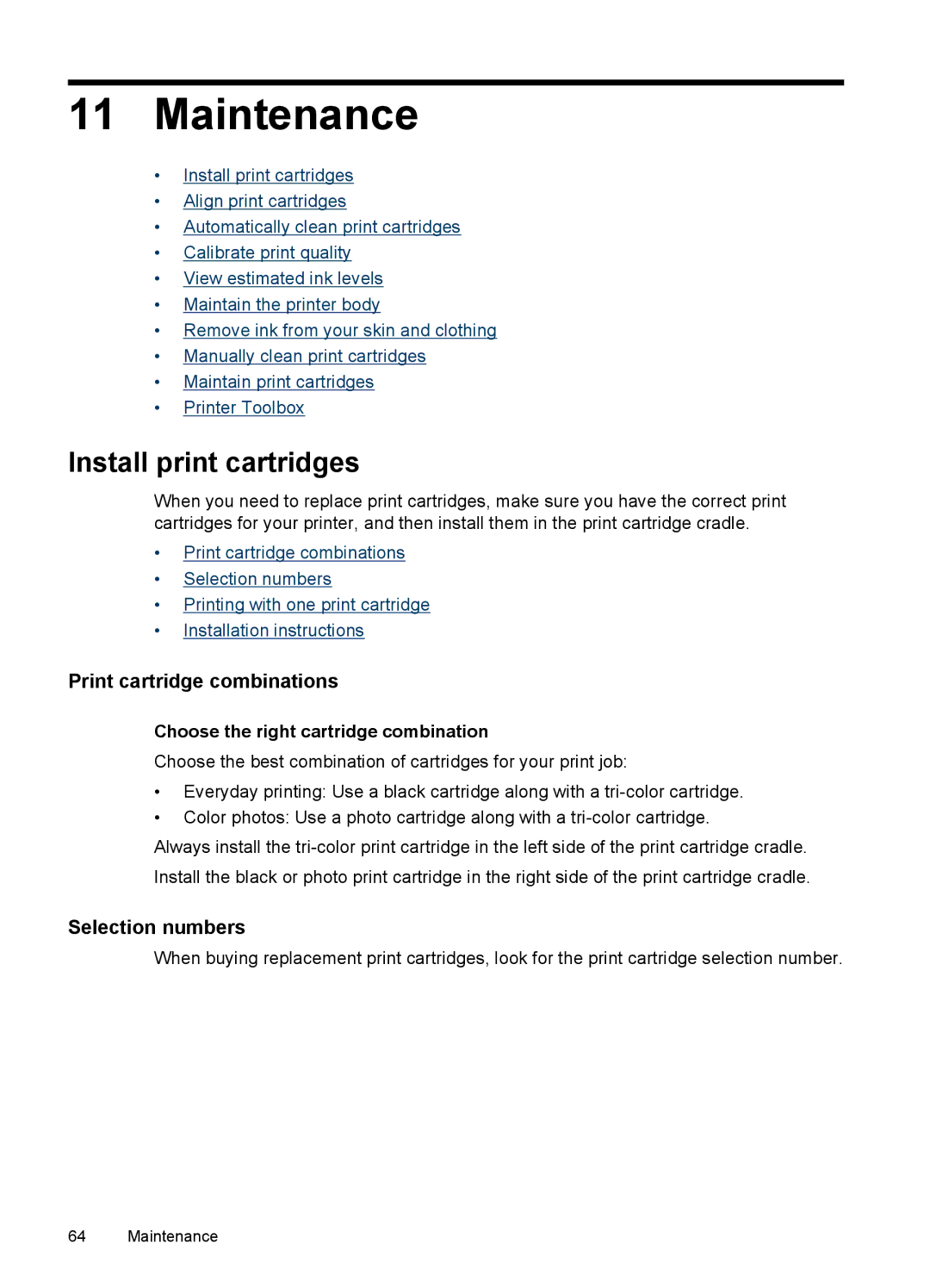 HP D4200 manual Maintenance, Install print cartridges, Print cartridge combinations, Selection numbers 