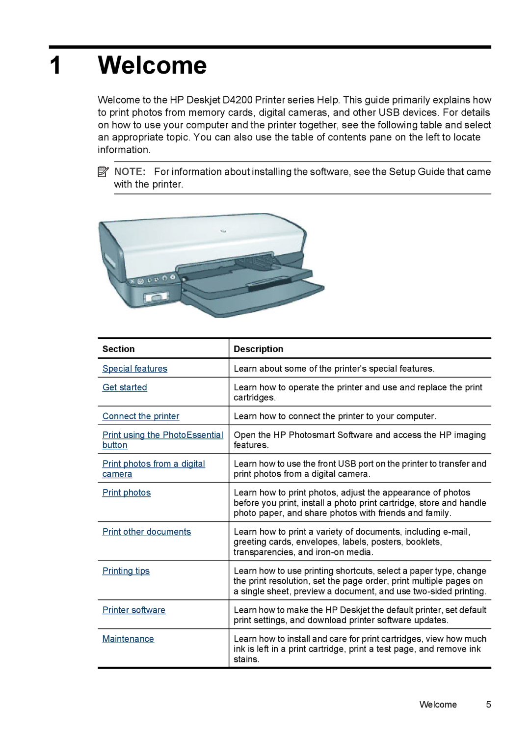 HP D4200 manual Welcome, Section Description 