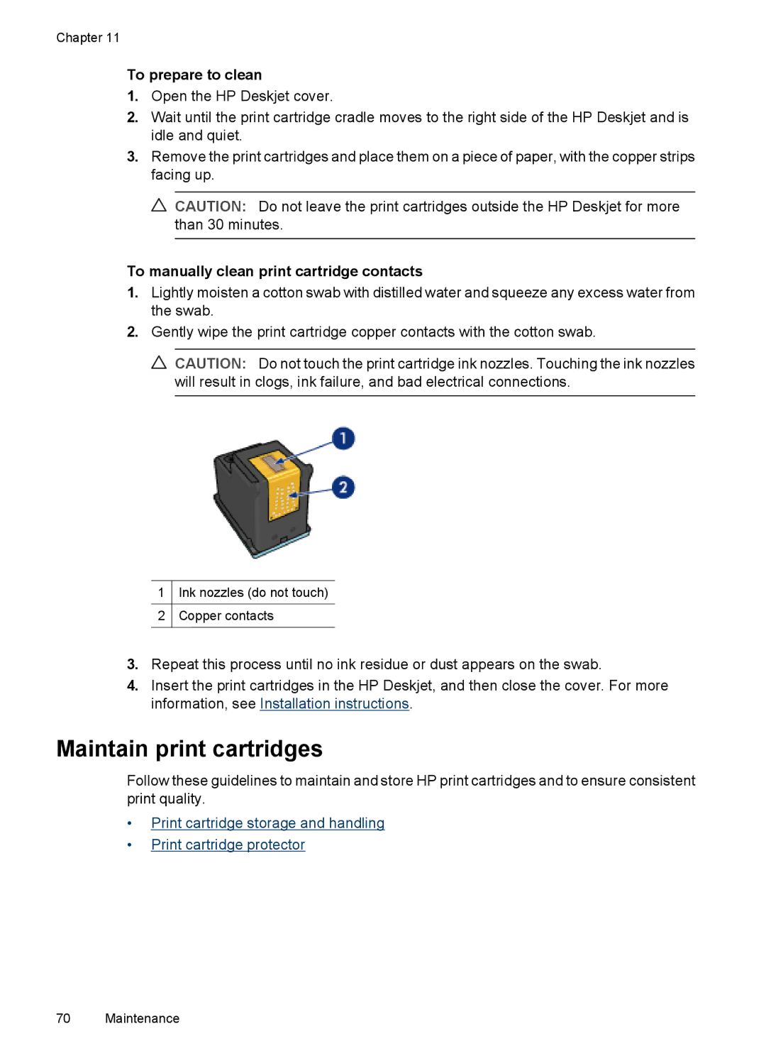 HP D4200 Maintain print cartridges, To prepare to clean, To manually clean print cartridge contacts 