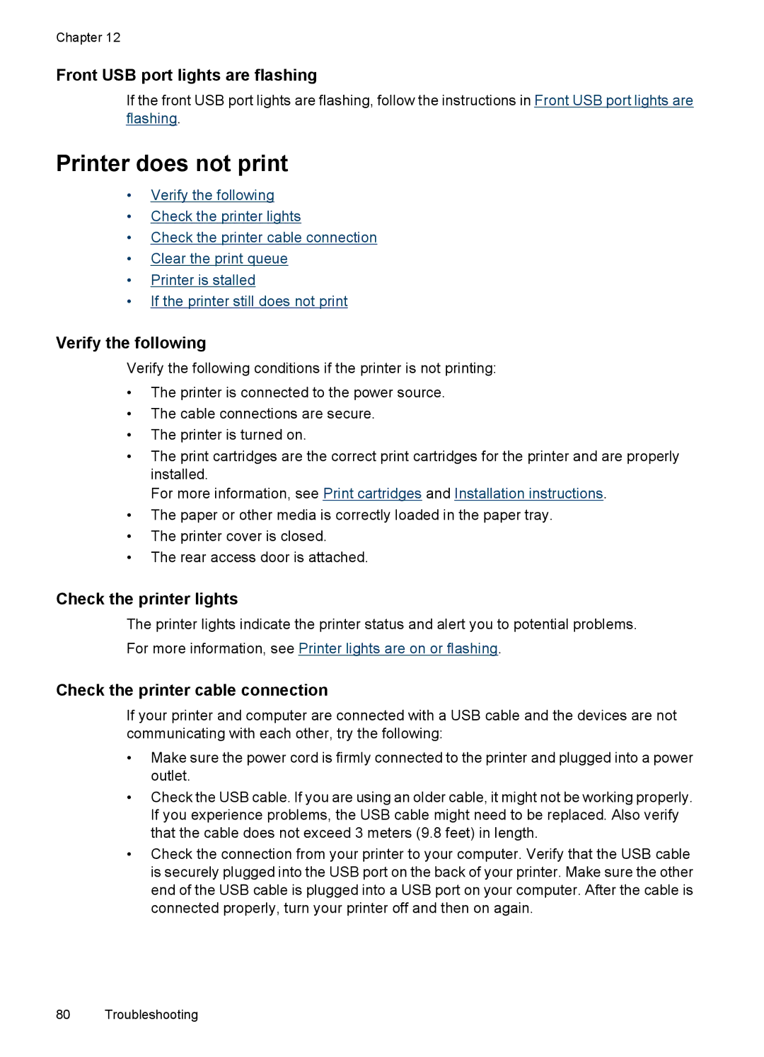 HP D4200 manual Printer does not print, Front USB port lights are flashing, Verify the following, Check the printer lights 