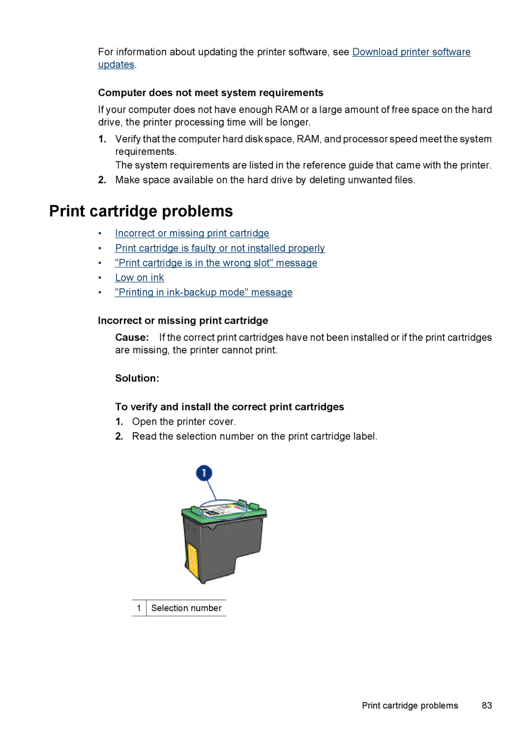 HP D4200 manual Print cartridge problems, Computer does not meet system requirements, Incorrect or missing print cartridge 